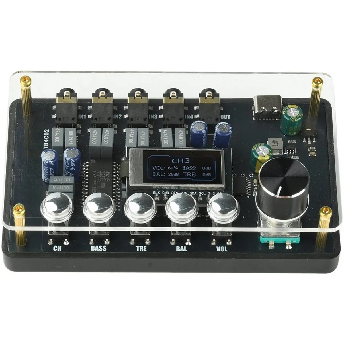 -TB4C02 3.5mm AUX Audio Switcher Volume Low Treble Balance Tone Adjust DC 5V Type-C Audio Switch Module