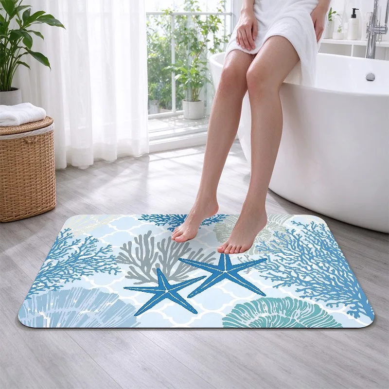 1 piece coastal coral starfish pattern rug, soft and comfortable, lightweight easy care, home decor, bedroom decor, living room decor, autumn winter