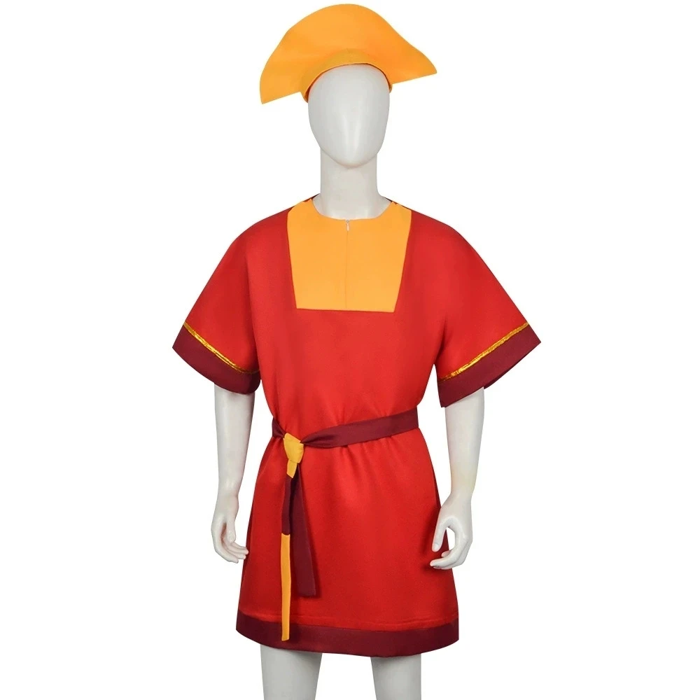 Anime Imperatore Kuzco Costume Cosplay Re Tuta Cappello giallo Cintura Abiti Halloween Fantasia Uniforme Travestimento Stage Wear Performanc