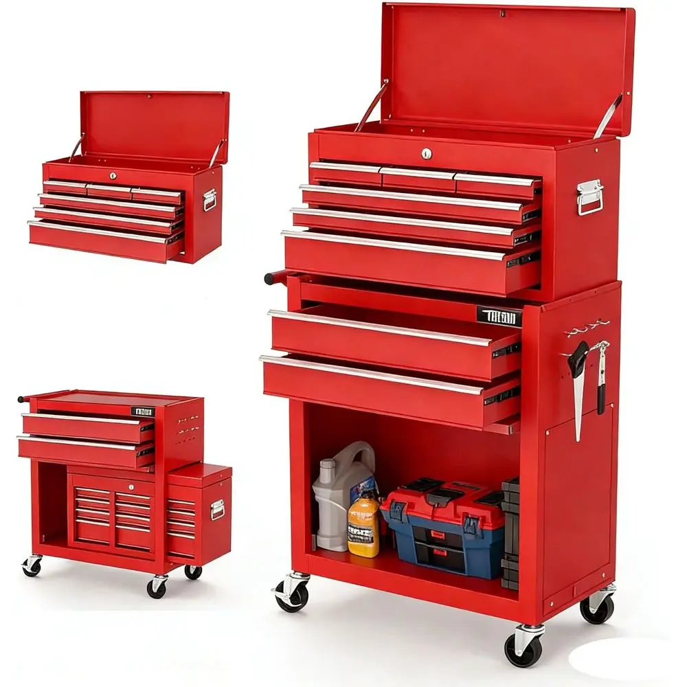 

Portable Rolling Tool Chest with Detachable Top, Side Hooks, and Storage for Mechanic or Workshop Use