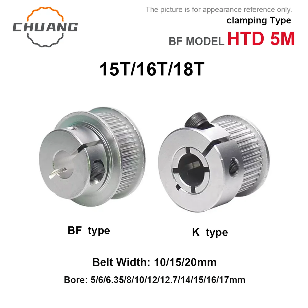 

HTD 5M clamping type quickly lock the synchronous pulley 15T/16T/18Teeth Belt Width 10/15/20mm Bore 5/6/6.35/8/10~17mm