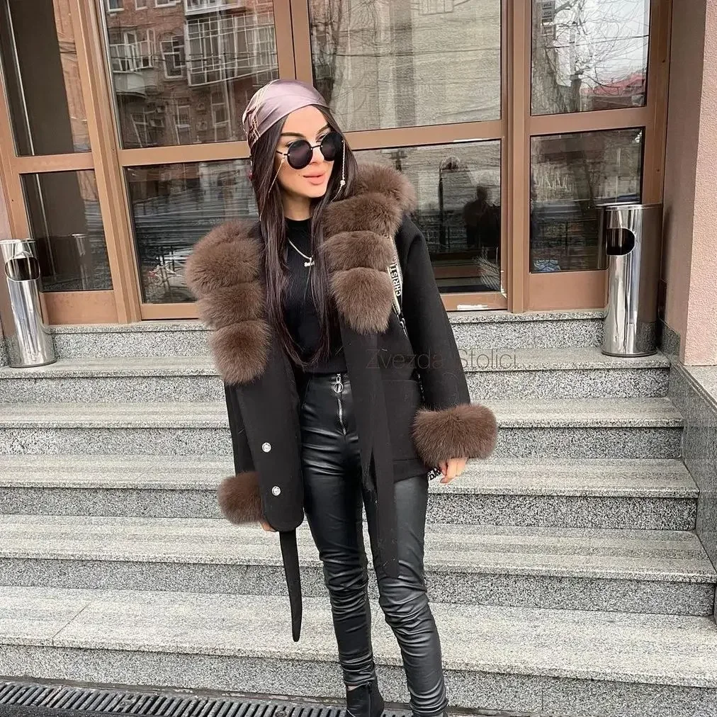 للنساءNew المألوف تنوعا فضفاضة تناسب تعادل مقنعين الثعلب الفراء الراقية Feeldouble الوجهين السلع الصوفية معطف سترة #4