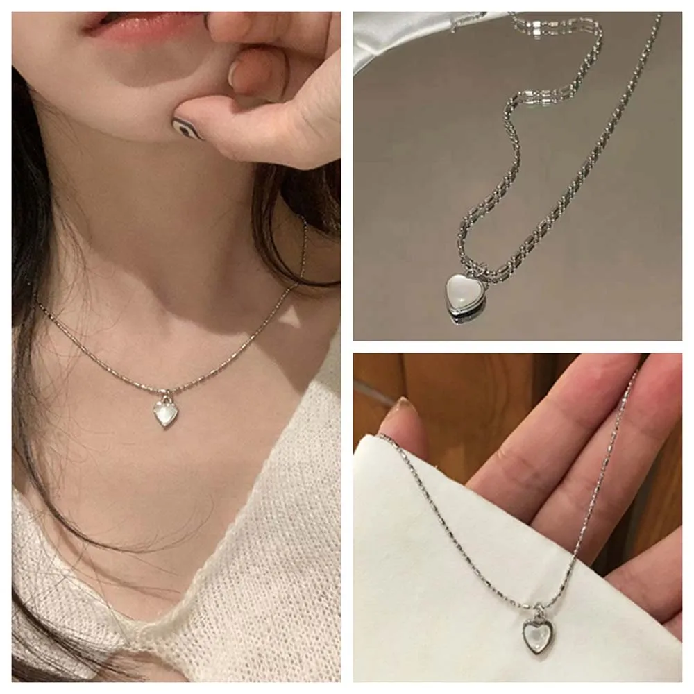 Cadena de clavícula, collar de corazón de amor, accesorios de joyería de corazón de amor, colgante de corazón de plata Y2K, cadena colgante Simple de piedra de ojo de gato