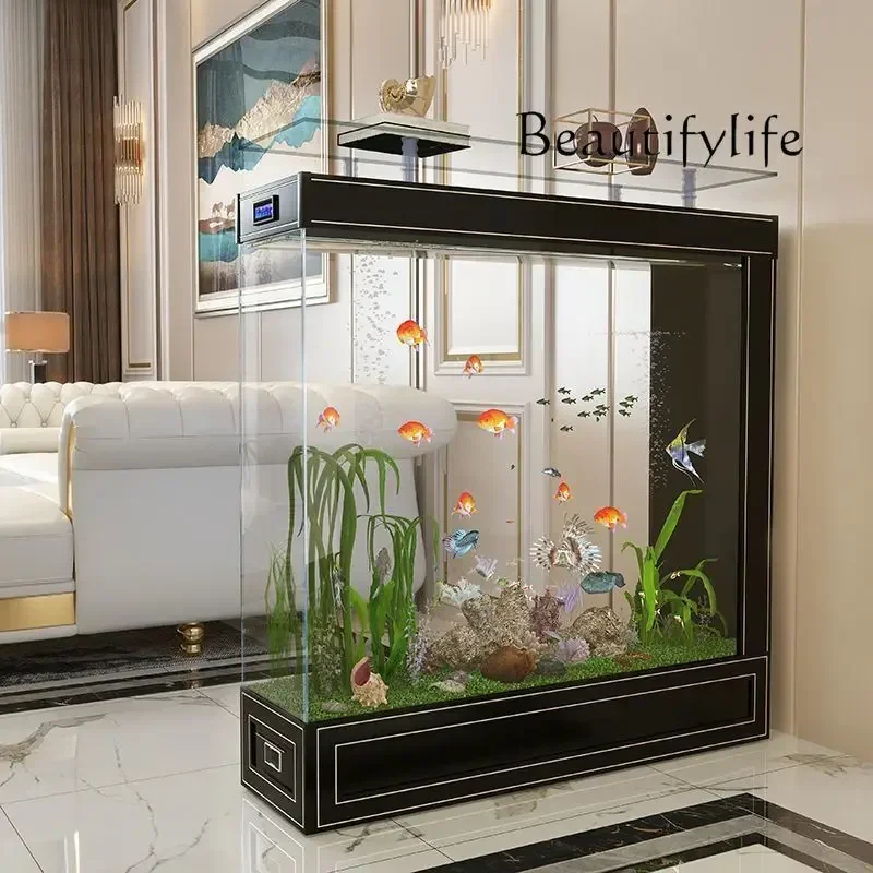 Light Luxury Living Room Hydroponic Partition Intelligent Automatic Care-Free Super White Glass Transparent Square Fish Tank