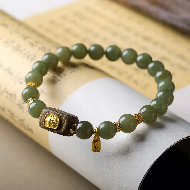 Original natural Hetian single-strand bracelet featuring green agate and yellow jade in a new Chinese style