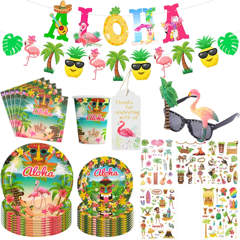 Hawaiian Party Aloha Banner Paper Plate Napkin Cups Kids Tattoo Sticker Tropical Flamingo Party Luau Summer Beach Birthday Decor