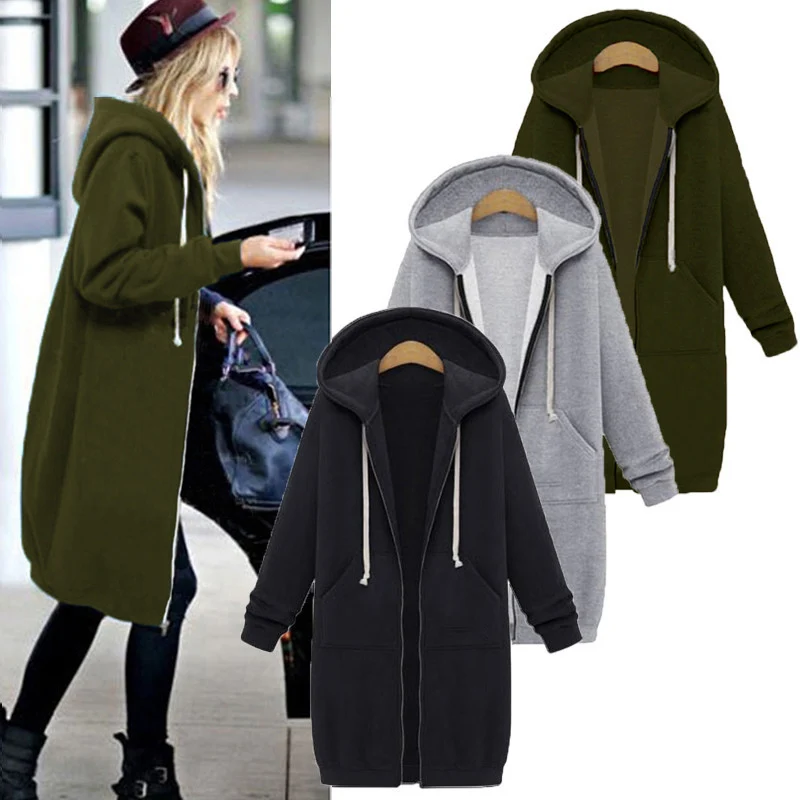 2025 Autumn High Quality Women Long Hoodies Sweatshirt Coat Zip Up Outerwears Hooded Jacket  Pockets large Size Outwear Tops