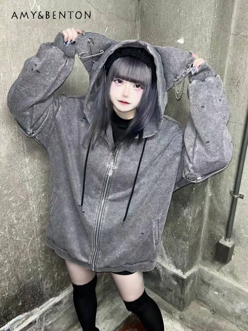 

Harajuku Style Subculture Cross Dark Punk Hollow Out Hoodies Women Mine Series Cat Ear Hoodie Street Y2K Oversized Zip Up Hoodie