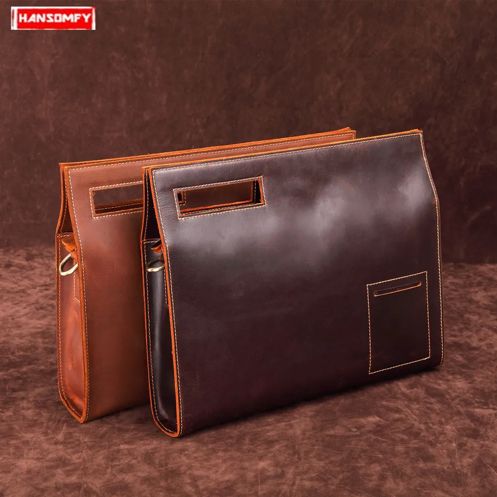 

Handle Men Crossbody Shoulder Bag IPAD Envelope A4 File Handbag Vintage Genuine Leather Postman Bag New Crazy Horse Leather Male