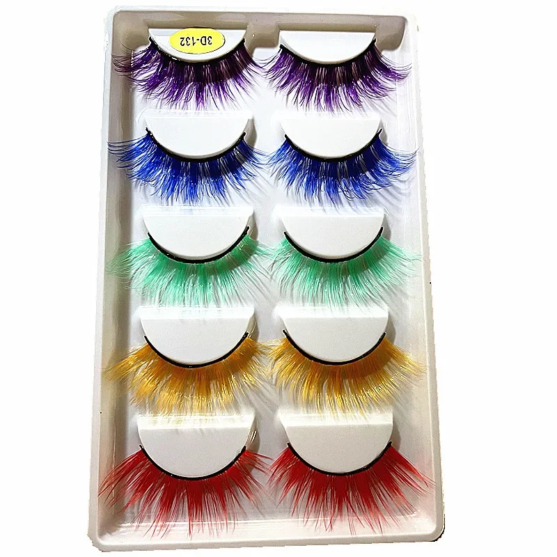 NEU 5 Paar 3D-farbige künstliche Nerz-Wimpern, rot, gelb, grün, lila, bunt, flauschig, hohes Volumen, Make-up, Schönheit, Regenbogen-Wimpern