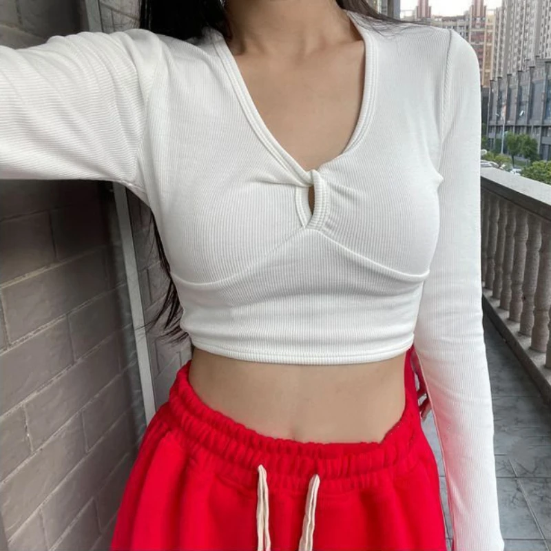 Autumn Winter Fashion Korean Style Lazy Style Solid Color Sexy Cross Design Exposed Navel Short Style V-Neck Long-Sleeved Top