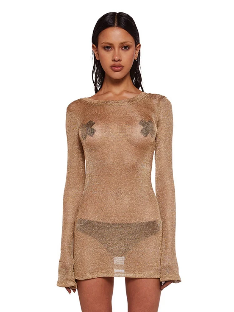 女性のためのセクシーな透明なビーチドレス,長袖のボディコン,女性の服,ラウンドカラー,無地,y2k