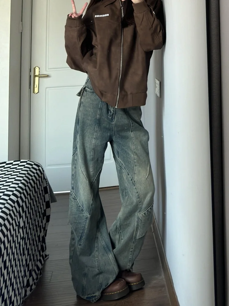 Unsiex Jeans 2025 Herfst Retro Gewassen Panelen Cargo Denim Broek Man Vrouwen High Street Wijde Pijpen Rechte Pijpen Vloer Slim Fit Jeans