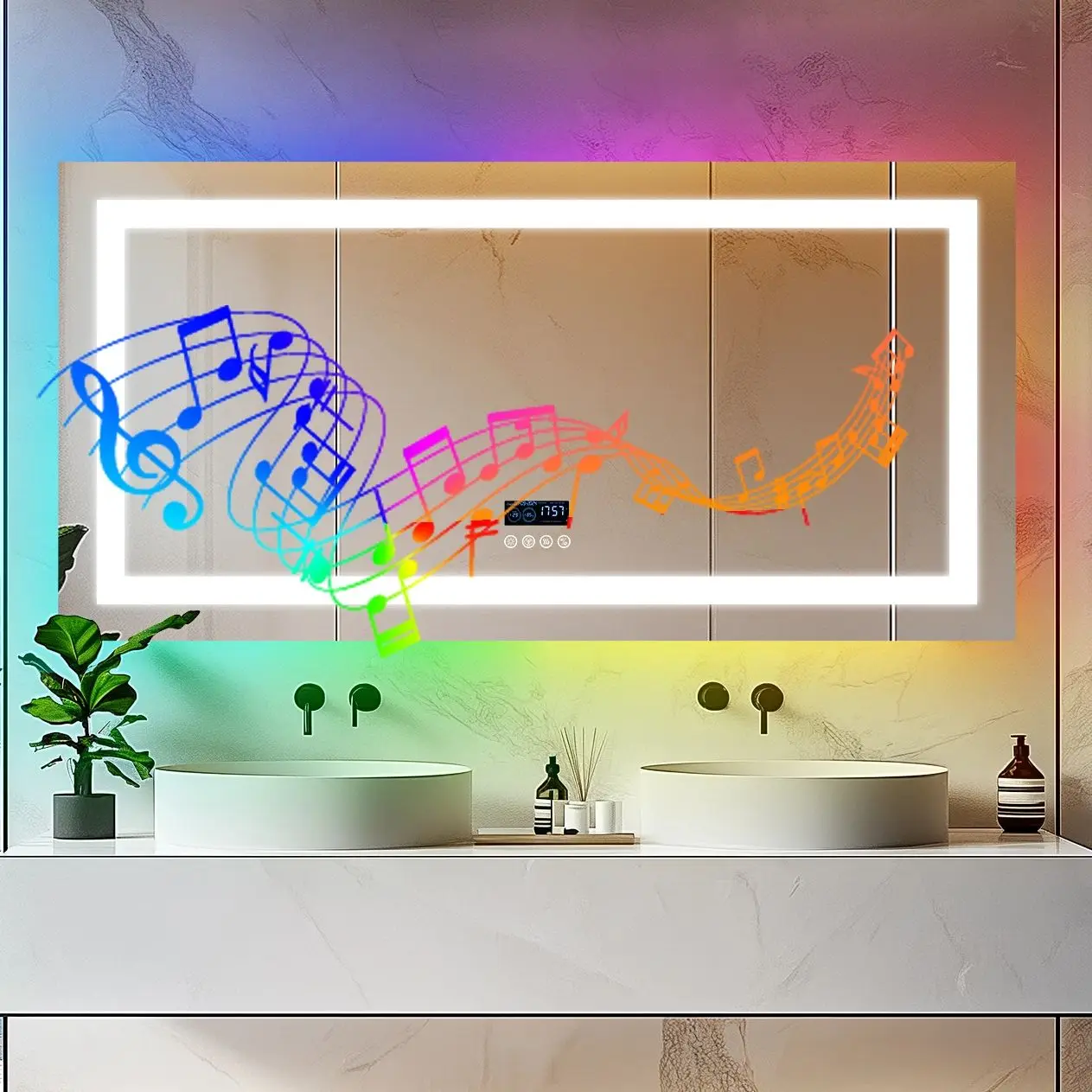 

Bathroom Mirror LED Wall Mirror w Bluetooth Dimmable 3 Colours Front + RGB Backlit, Anti-fog, Memory Function, Time Temperature