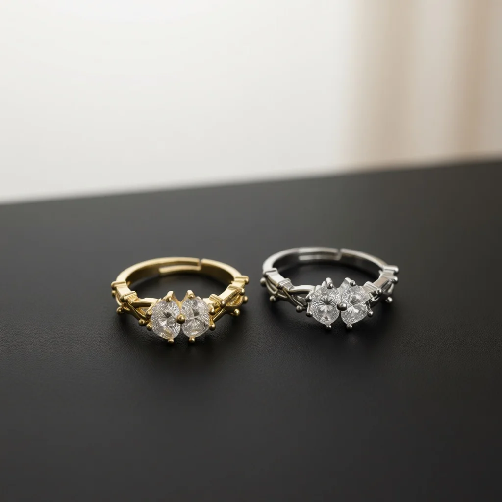 Women Four‑Heart Zircon Cluster Open Adjustable Ring, Two‑Tone Luxury Stackable Finger Jewelry Gift for Birthday Holiday Present
