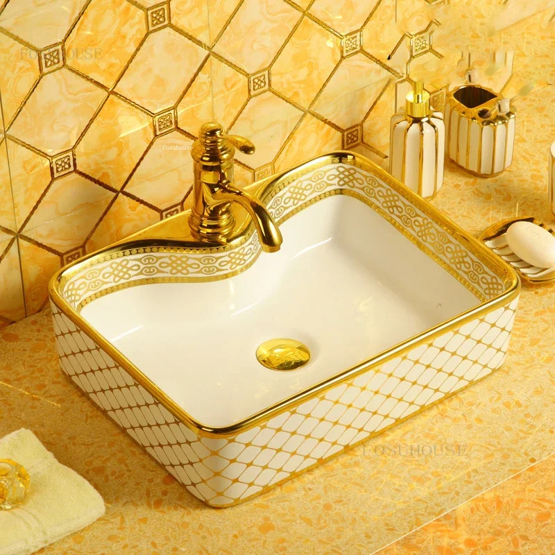 Ceramic Bathroom Sinks Golden Rectangular Wash Basin Bathroom Fixture Modern Kitchen Furniture Simple Bathroom Counter Basin GL