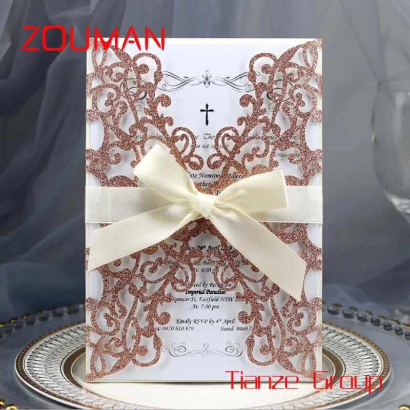 Custom , Custom Make Colors Glitter Wedding Card Laser Cutting Wedding Invitation Cover With Ribbon