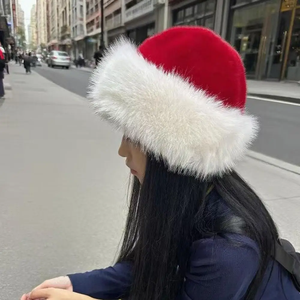 Świąteczny futrzany kapelusz rosyjski Baginskiy, modny ciepły kapelusz typu bucket, puszysty czerwono-biały kapelusz damski, gruby polarowy pluszowy kapelusz rybacki