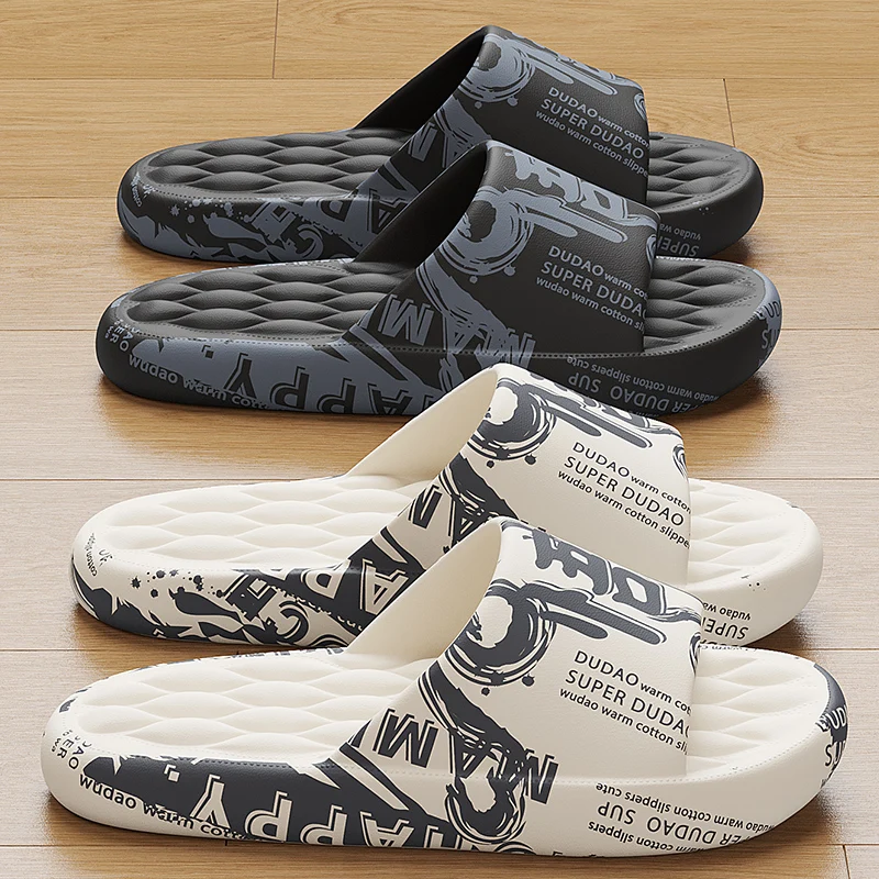 QYCKABY 2024 Fashion Man Slides Cool Black White Slide Shoes Chinese Style Printing Pattern EVA Slippers Non-Slip Mens Sandals