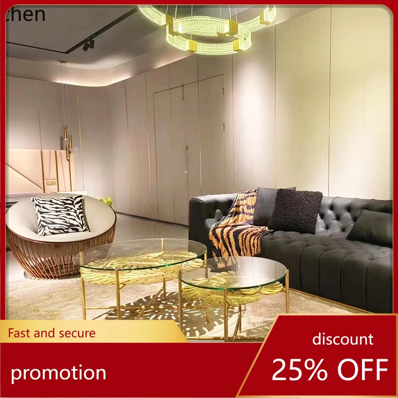 

HT living room home haute couture designer villa brass leaf art tempered glass