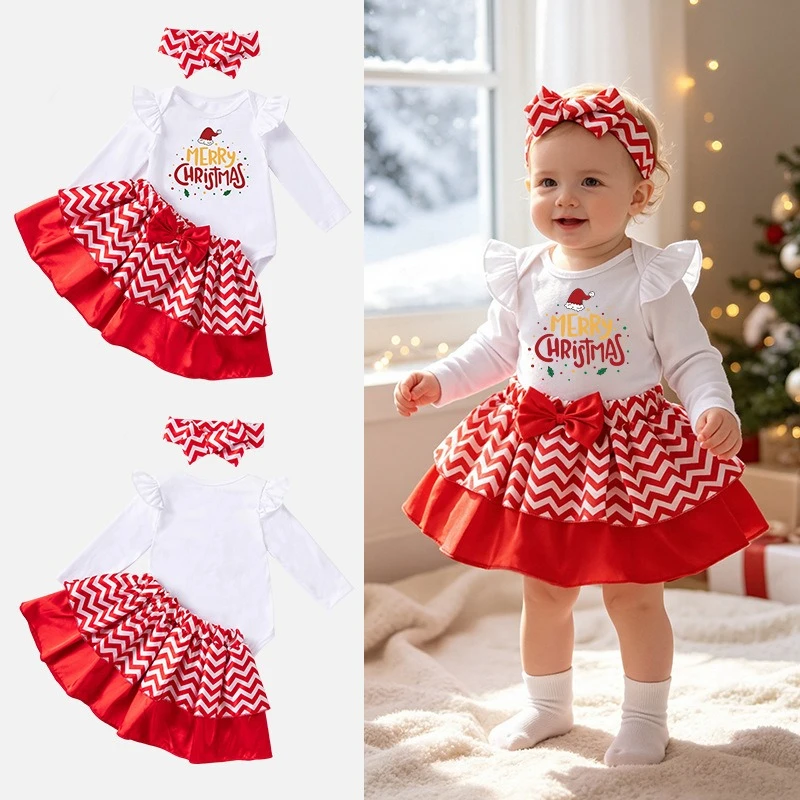 Autumn and Winter New Baby Girl Christmas Costume Party Dress Up Dress Up Baby Girl Holiday Ha Dress Set Three Piece