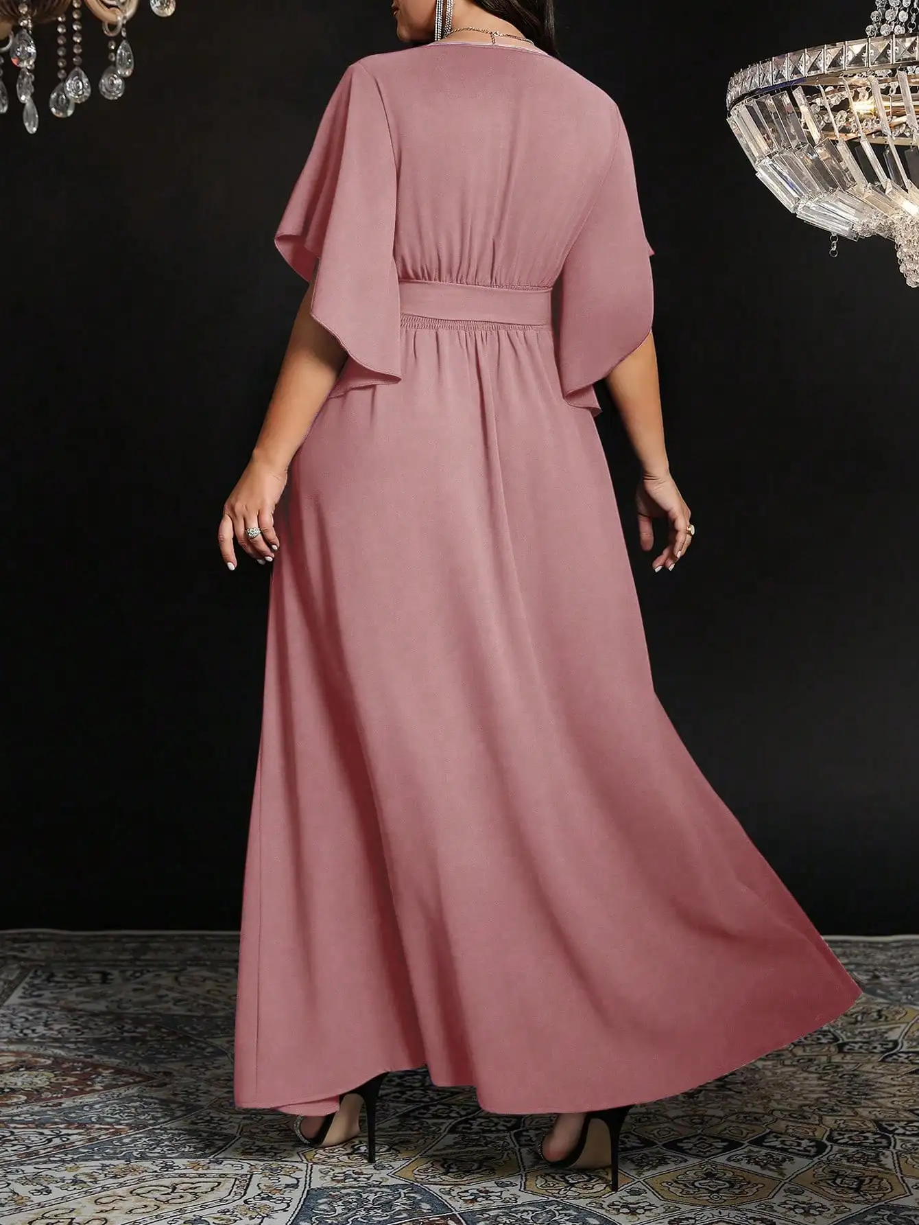 

Plus Size Women V Neck Flare Short Sleeve Tied Waist Ruched Slit Elegant Party Long Dress