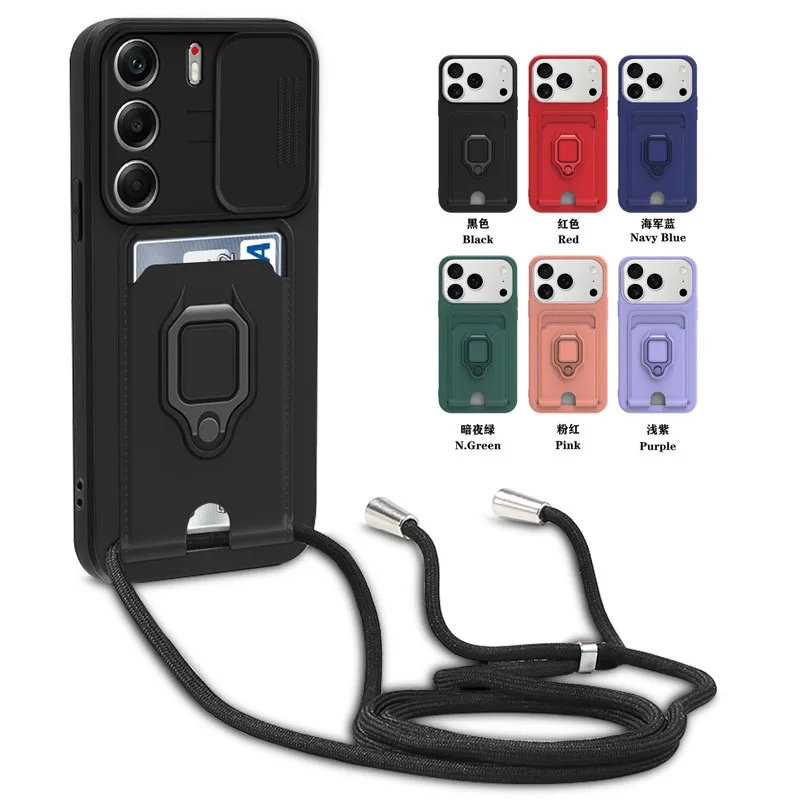 Cordón de collar cruzado con funda de teléfono tipo billetera para Tecno Camon 40 Pro 4G, soporte de anillo, funda protectora trasera de silicona de Color sólido