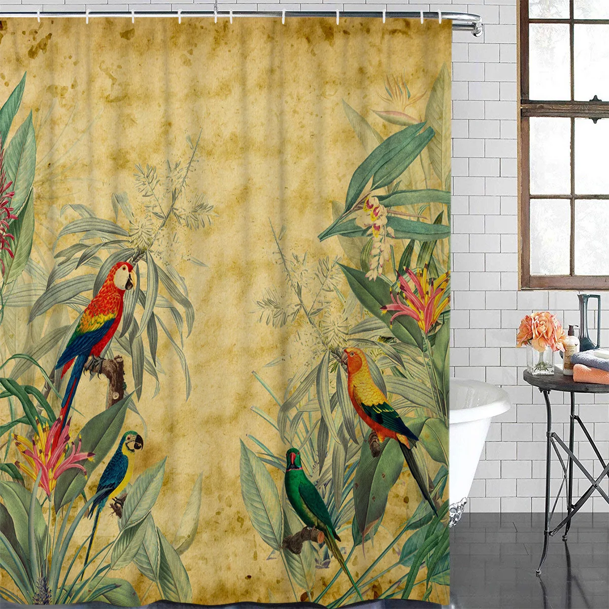 Parrot Flowers Plant Retro Waterproof Bathroom Decoration Shower Curtain With Hook Printed Bathtub Curtains Bathroom Accessories