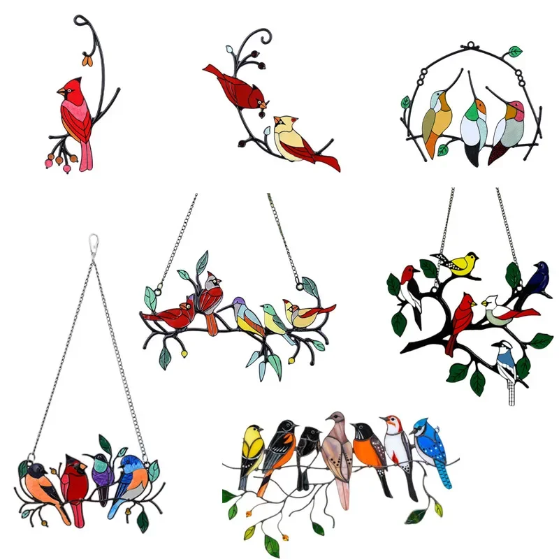 Metal Stained Bird Panel Glass Window Hanging Wall Decor Mini Home Ornaments Parrot Birds Art Pendant Best Mother's Day Gifts