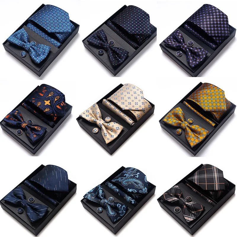 New men's bow tie set High quality formal tie 8CM luxury bow tie box pocket square cufflinks tie set Gift box 5 sets