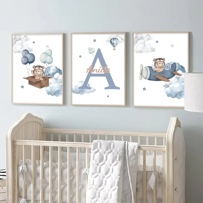 Customized Teddy Bear Nursery Wall Art Personalized Name Poster and Canvas Painting Cartoon Print Picture for Baby Bedroom Decor