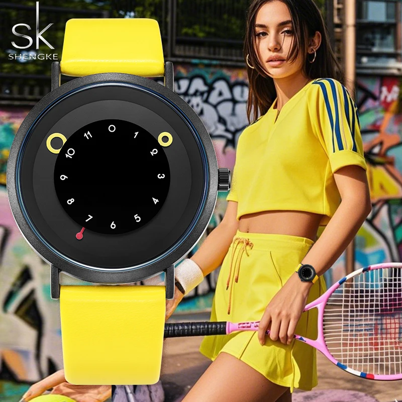 Shengke Women Creative Wristwatch Ladies Watches Yellow Leather Band Best Gifts Wristwatches Clock Montres Femme Reloj Mujer