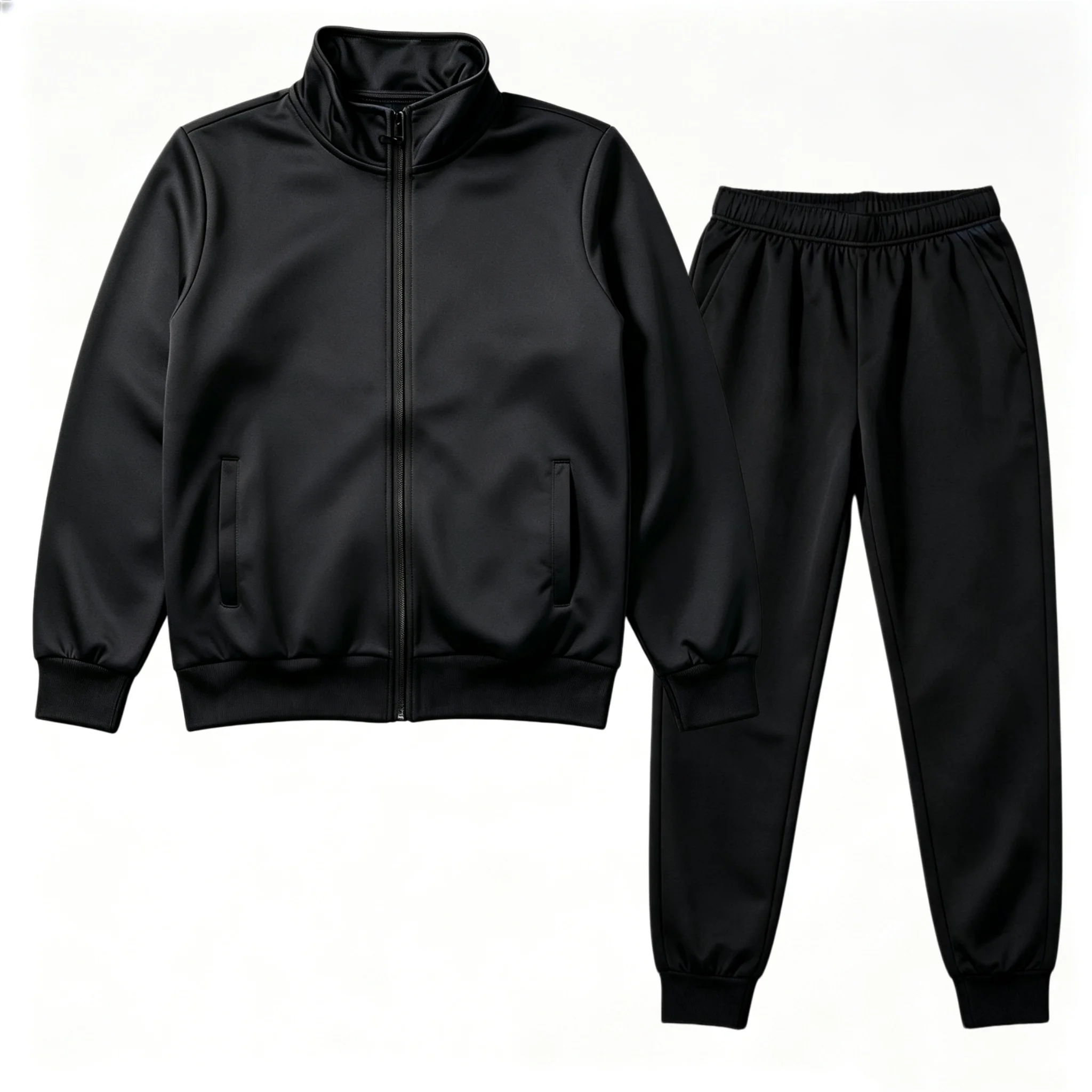 Men 2‑Piece Tracksuit Stand Collar Zip Up Jacket & Jogger Pants Set Solid Black Casual Sports Male Matching Outfit Sets