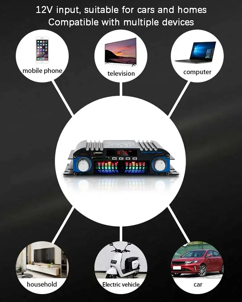 HiFi Sound Amplifier 4 Channel Digital Audio Bluetooth Amplifier 1600W Peak Power Karaoke Player FM Radio Support Remote Control