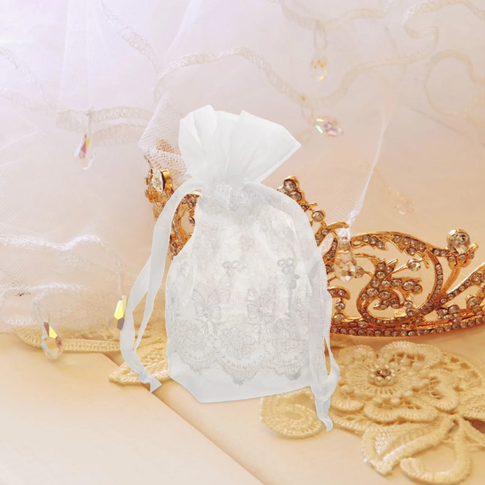 

6 Pcs Drawstring Bag White Butterfly Embroidery Mesh Storage For Jewelry Small Items Portable Satin Mini Polyester Gift Bags