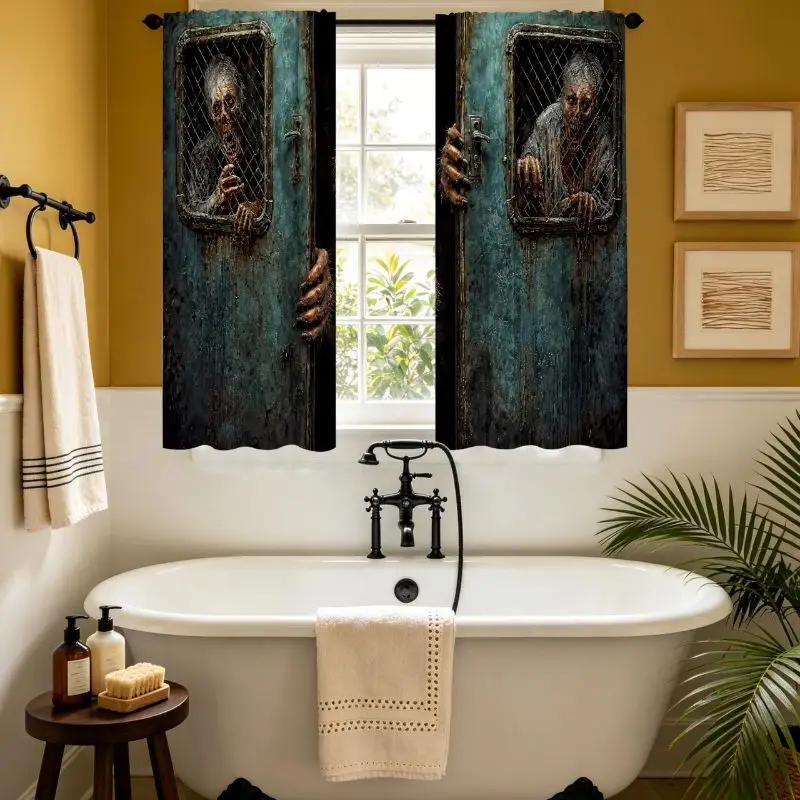 VIKAMA Halloween Zombie Short Curtain Horror Rusty Door Tier Curtain Rod Pocket Small Window Spooky Home Decor Cafe Curtain