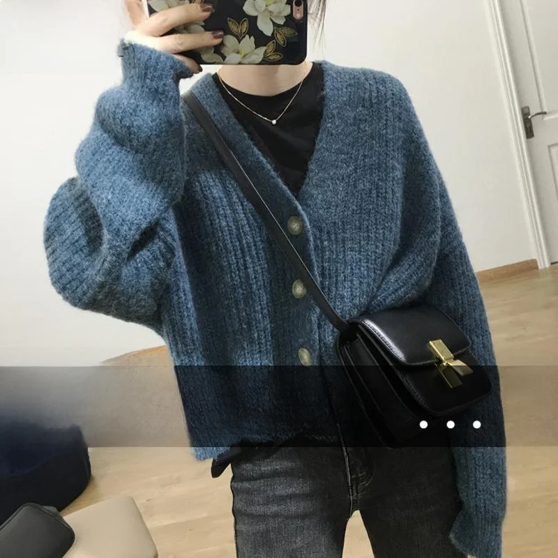 

Loose Knitted Cardigan Long Sve Women's Sle Lazy Faion Spring Autumn New Arrival Ladies Sweater Coat V-Ne Button Design