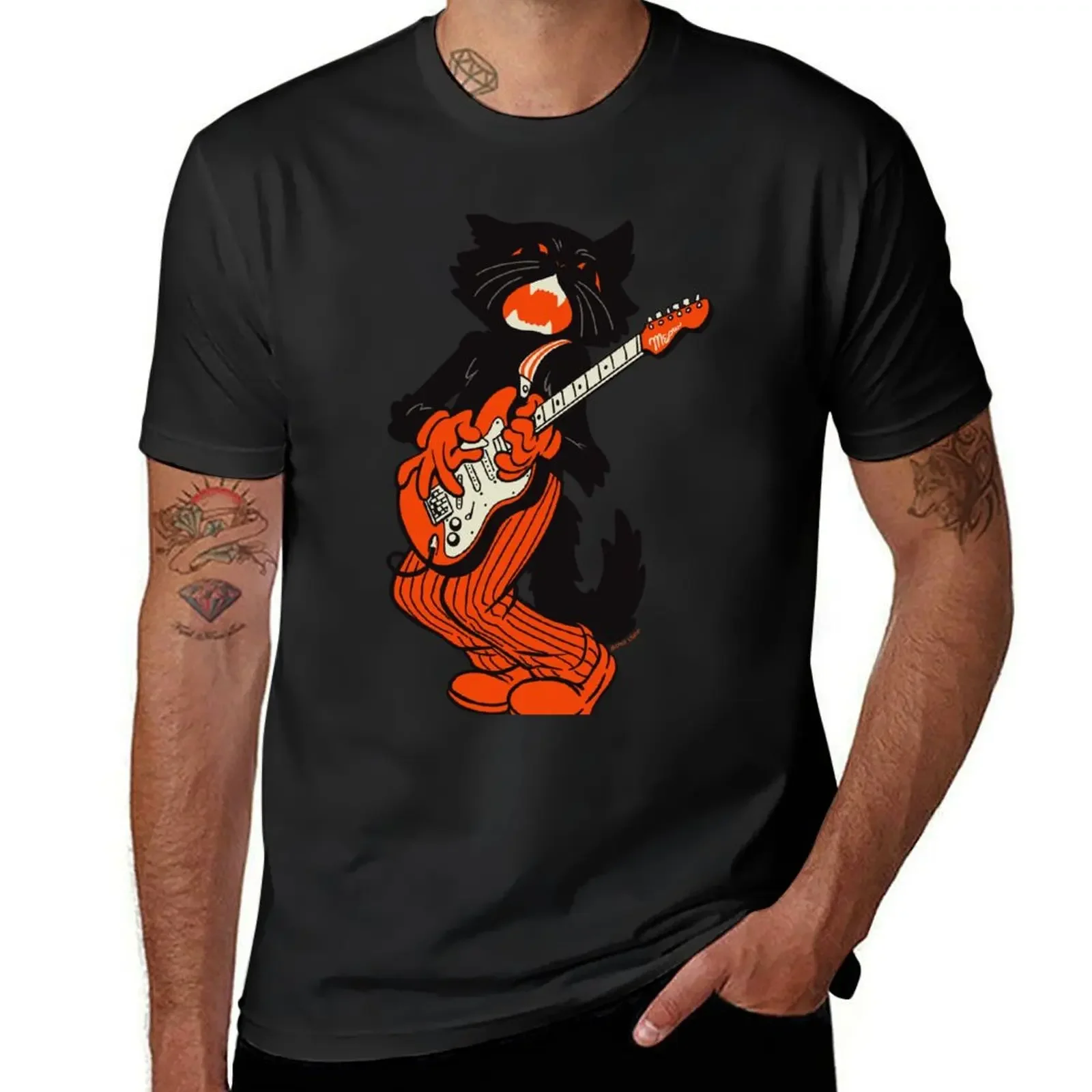 

Vintage Halloween Black Cat Playing Electric Guitar T-Shirt anime t shirts quick drying Men's t-shirts