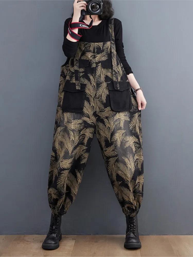 Jeans Autumn Pant Women Floral Print Fashion Ladies Overalls Trousers Casual Loose Oversized Pleated Woman Overalls Pants