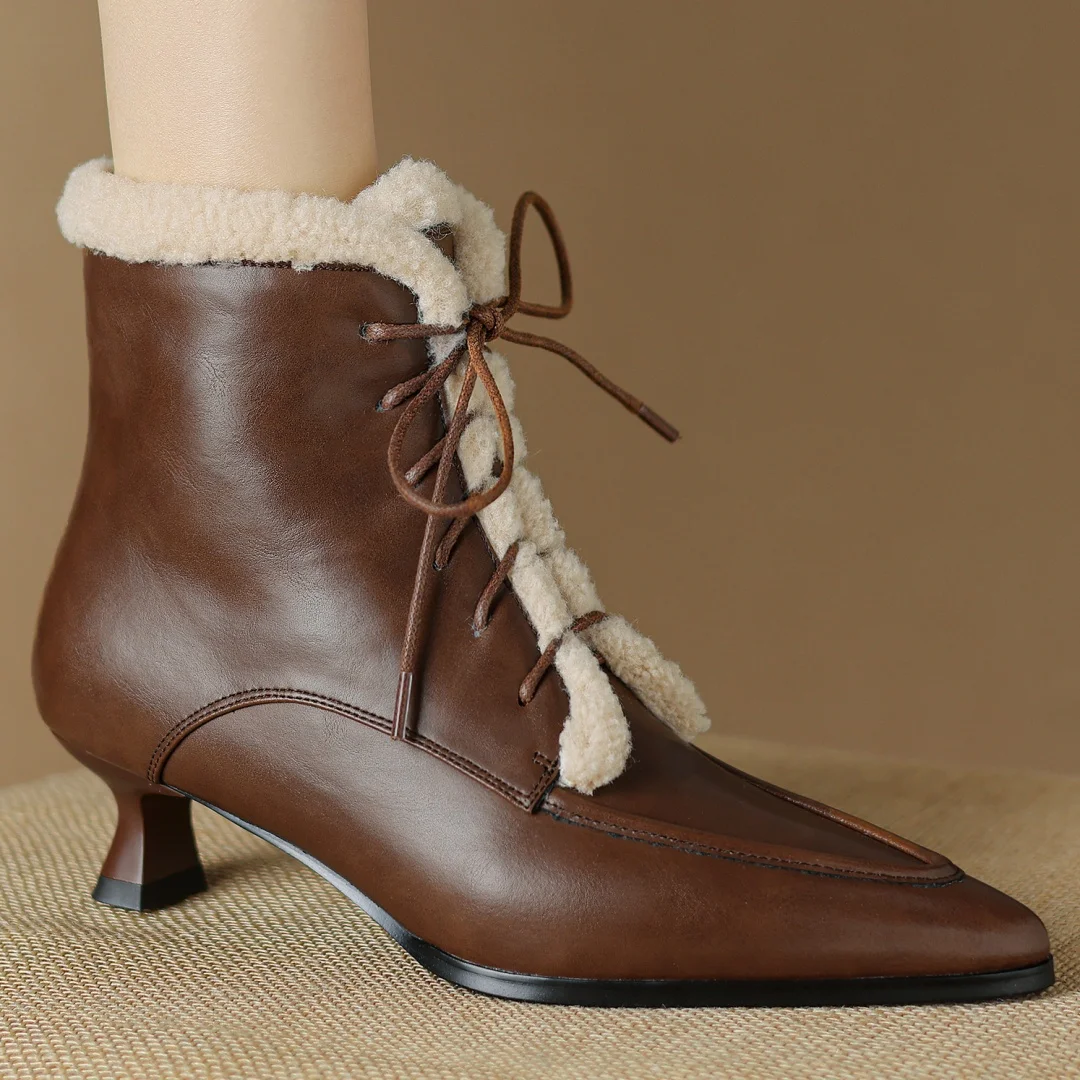 

Женские зимние ботильоны из натуральной кожи на шнуровке с боковой молнией внутри, элегантные женские короткие ботильоны на тонком высоком каблуке 4,5 см