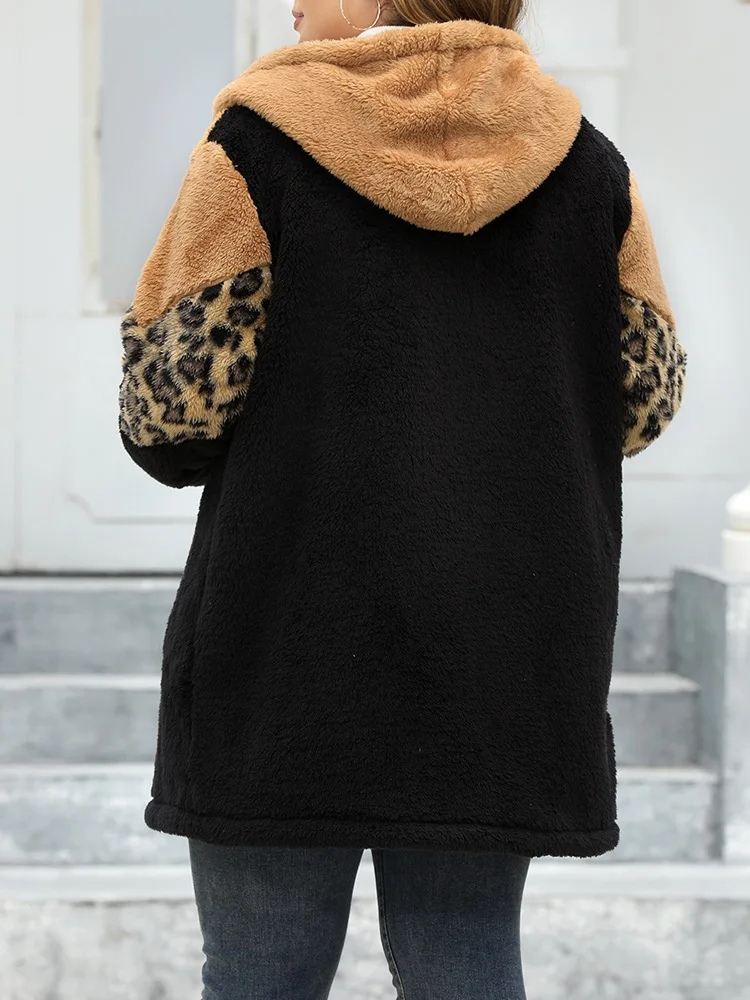 GIBSIE Plus Size Leopard Color Block Zip Up Coat Women 2024 Autumn Winter Fleece Long Sleeve Thicken Warm Jacket Female Outwear