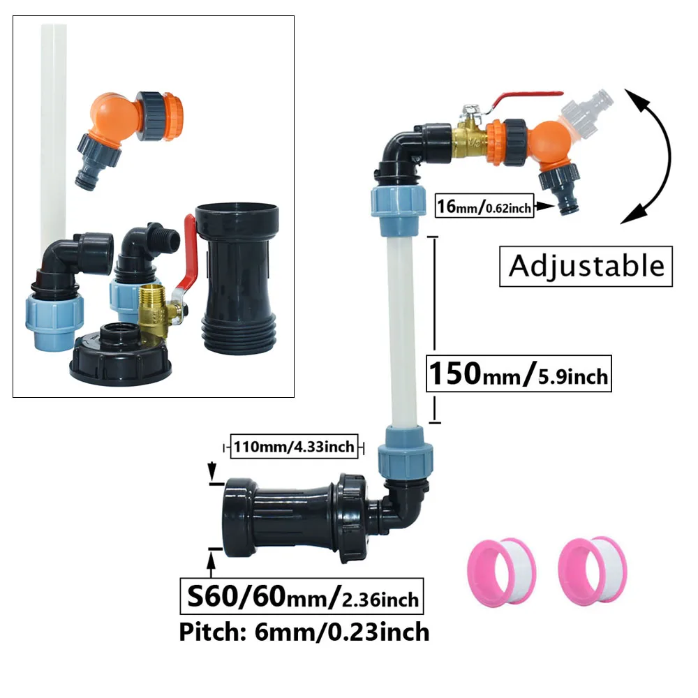 S60 IBC water tank valve adapter 16mm Nipple Brass tap Hose Connector Adjustable  Raise height faucet outlet Hose Fitting