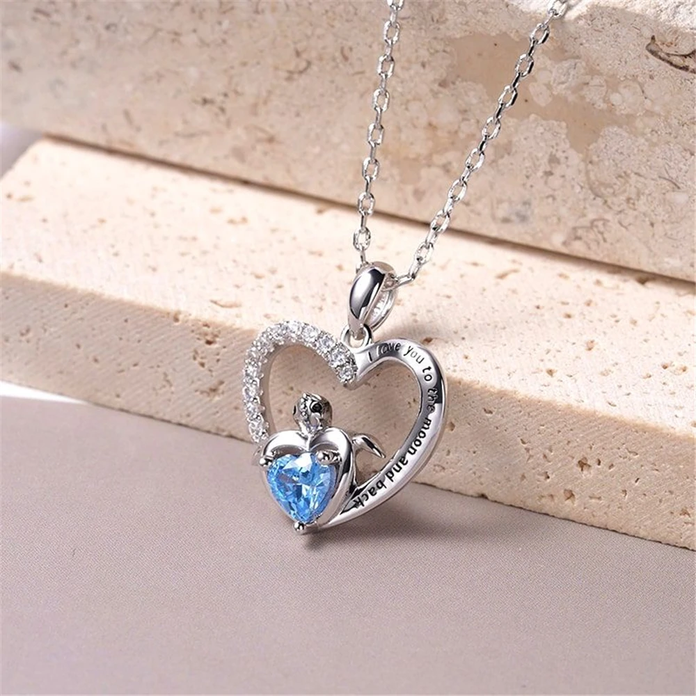 Delicate Heart Turtle Blue Crystal Pendant Necklace for Womne Fashion Lady Ocean Heart Animal Jewelry Luxury Love Memorial Gifts