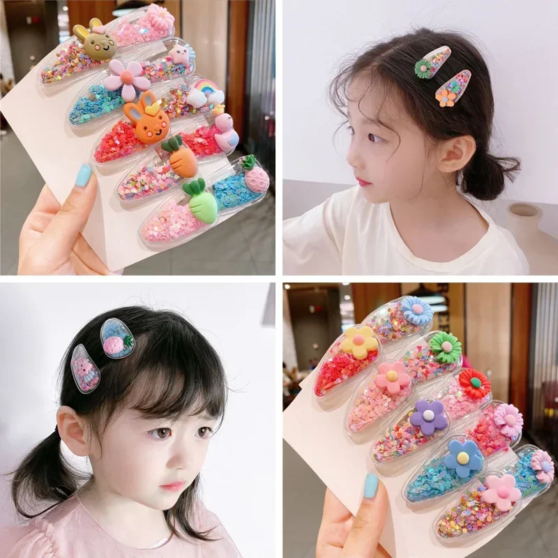 5pcs/Set Cute Fruit Quicksand Sequins Snap BB Clips Children Cartoon Rainbow Animal Bangs Hairpin Side Barrettes