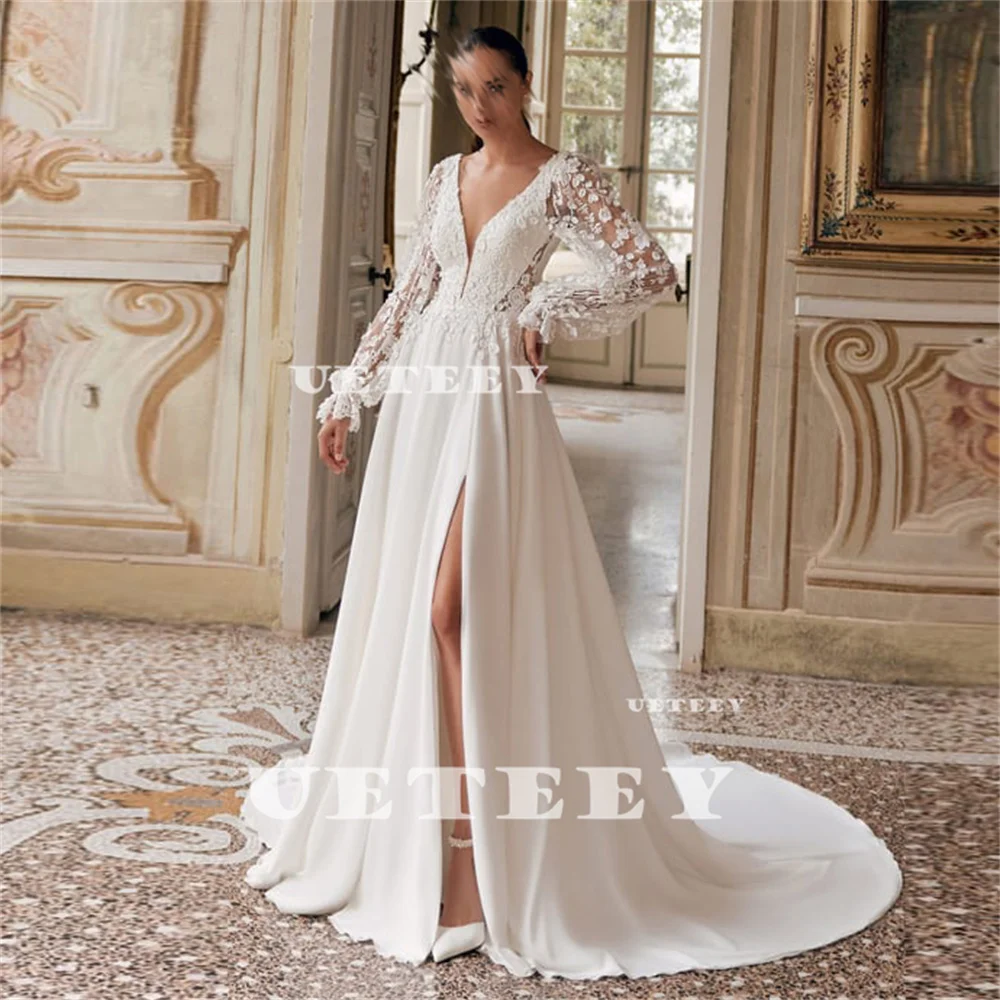 UETEEY Customized Deep V Neck Puff Sleeves Crepe A Line Wedding Dress Flowers Lace High Slit Open Back Court Train Bridal Gown