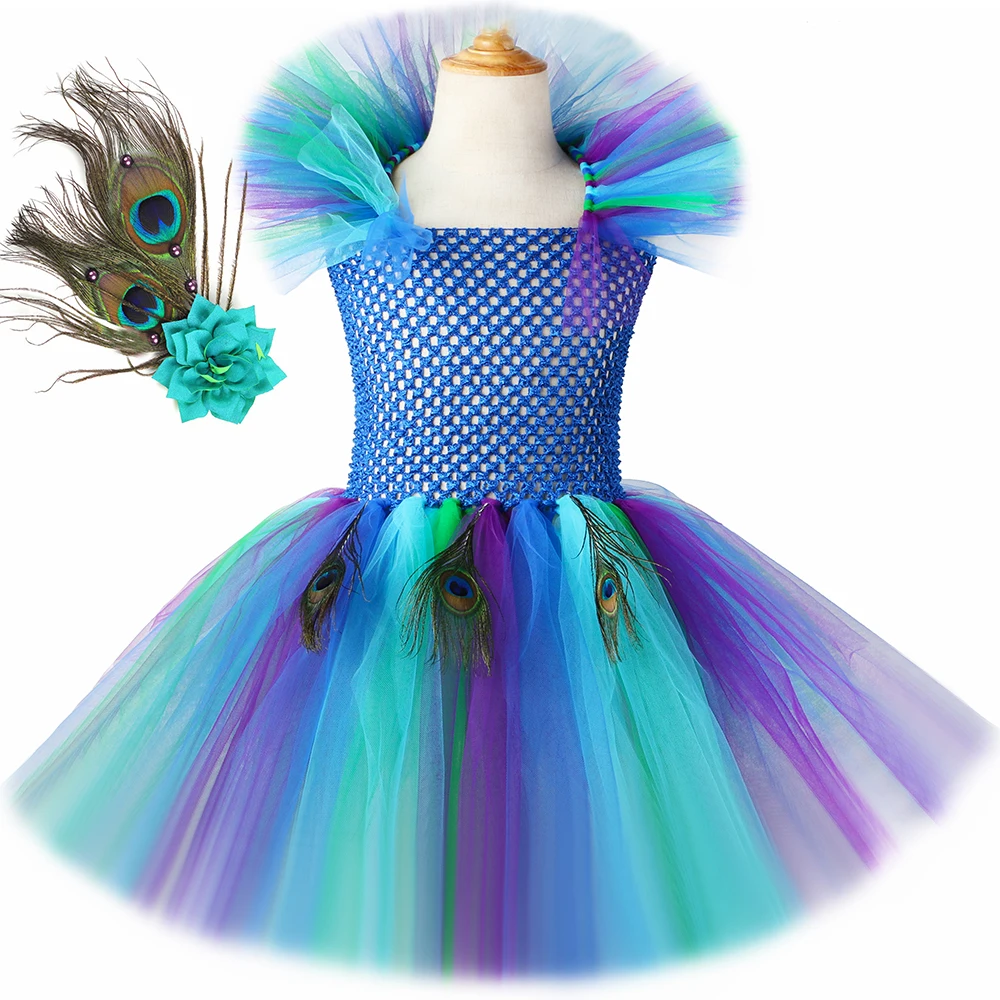 Girls Peacock Tutu Dress with Flower Feather Headband Fancy Peacock Princess Costume Kids Halloween Carnival Party Purim Dresses