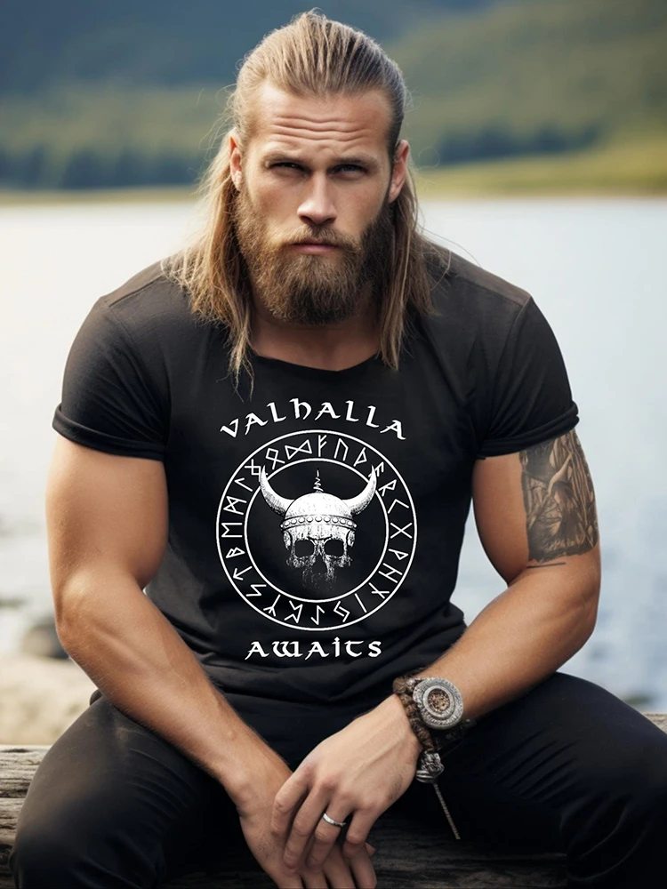 Valhalla Awaits Viking T-shirt Norse Mythology T-shirt Summer Outdoor Casual Men\'s T-shirt Street Fashion Men\'s Short Sleeve Top