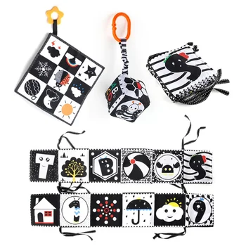 หนังสือผ้าเด็กสูงทารกแรกเกิดของเล่นสีดําสีขาวสัตว์ที่มีสีสัน Montessori สองด้านเตียงผ้าม่านห่อหนังสือของเล่นเด็ก