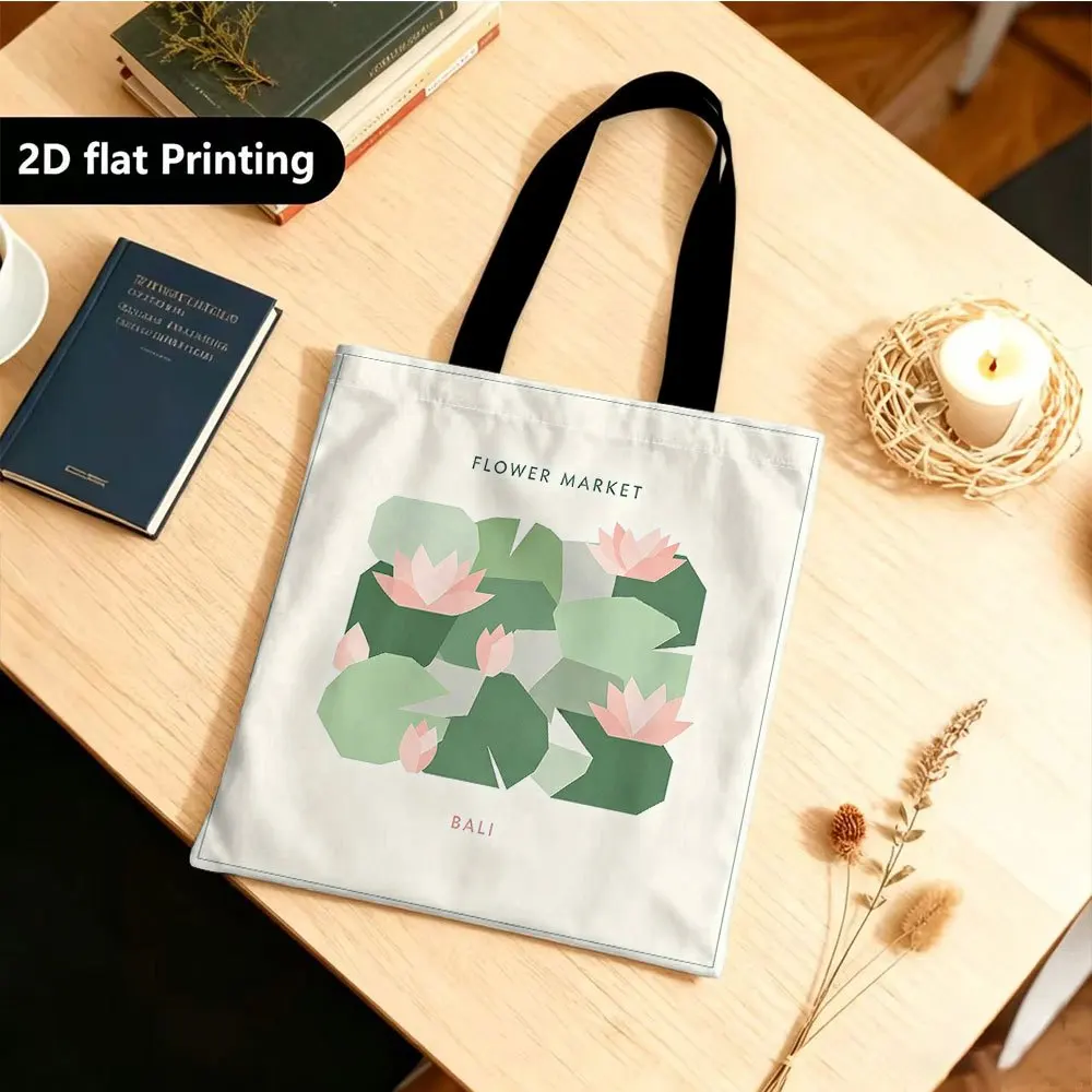 Bali Flower Market Light Pink for Lotus Scent Printed Tote Bag, Large Capacity, Durable, and Reusable. Suitable for Shopping Bag