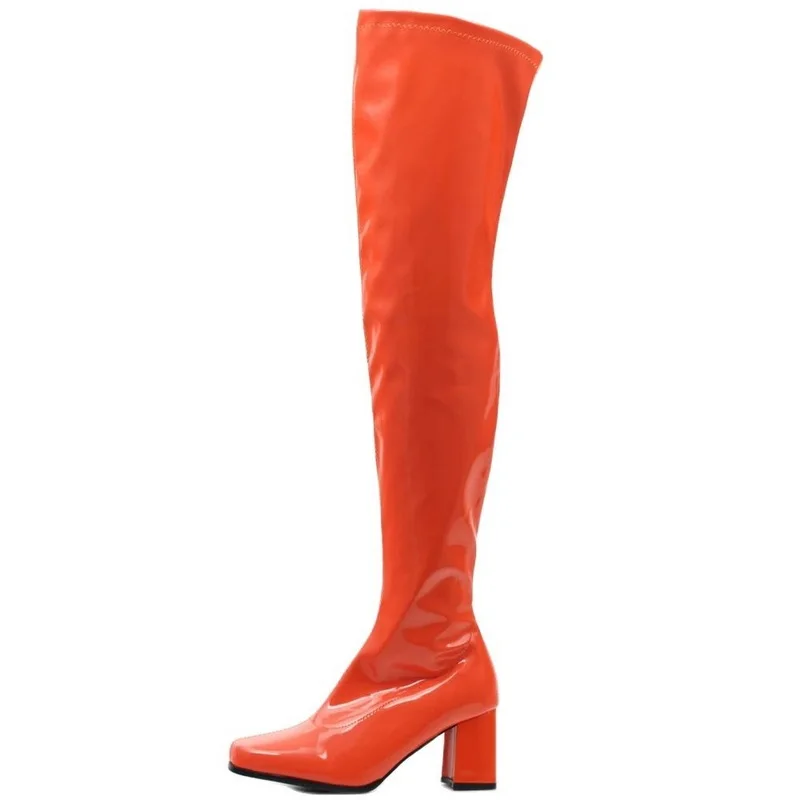 CACA stivali alti alla coscia con tacco quadrato da 9cm, Botas lunghi sopra il ginocchio da donna, scarpe da Pole Dance retrò GO GO, stile Cosplay